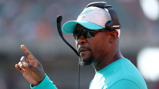CINCINNATI, OHIO - AUGUST 29: Brian Flores the head coach of the Miami Dolphins against the Cincinnati Bengals at Paul Brown Stadium on August 29, 2021 in Cincinnati, Ohio.