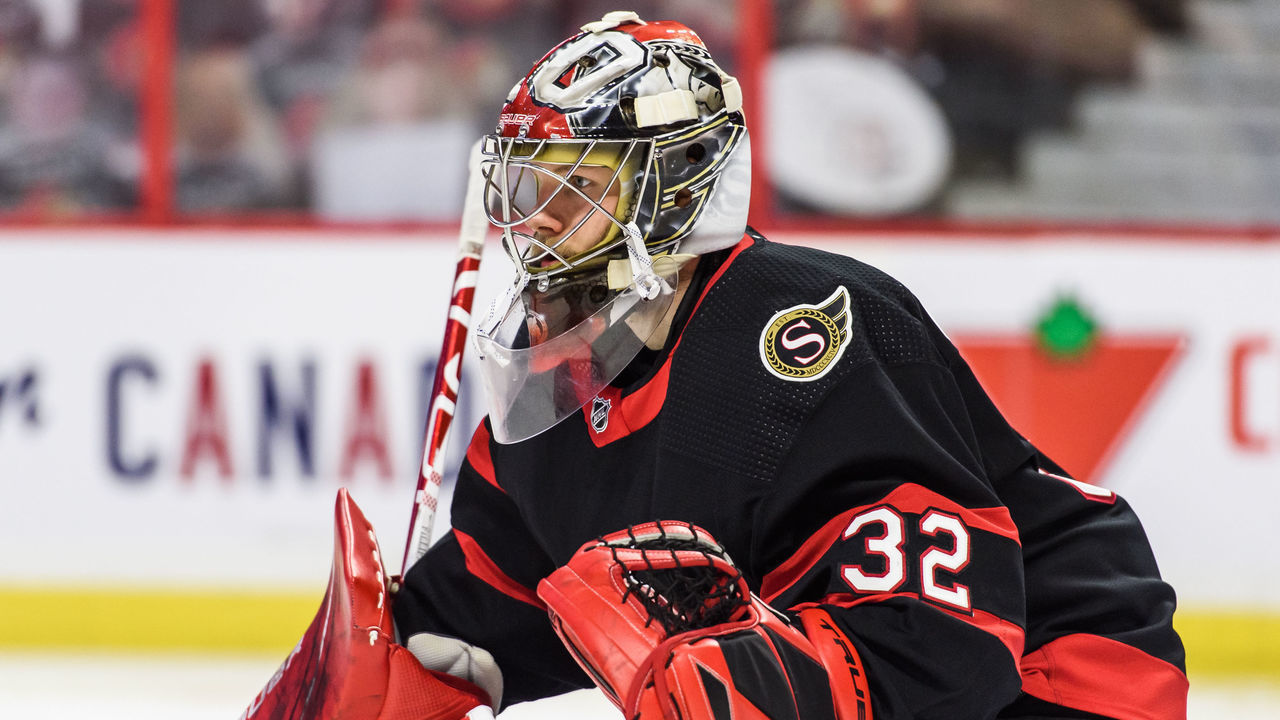 OTTAWA, ON - MAY 03: Ottawa Senators Goalie Filip Gustavsson (32) tracks the puck during the third period of the NHL game between the Ottawa Senators and the Winnipeg Jets on May 03, 2021 at the Canadian Tire Centre in Ottawa, Ontario, Canada.