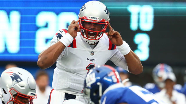 EAST RUTHERFORD, NEW JERSEY - AUGUST 29: Cam Newton #1 of the New England Patriots looks on against the New York Giants at MetLife Stadium on August 29, 2021 in East Rutherford, New Jersey.