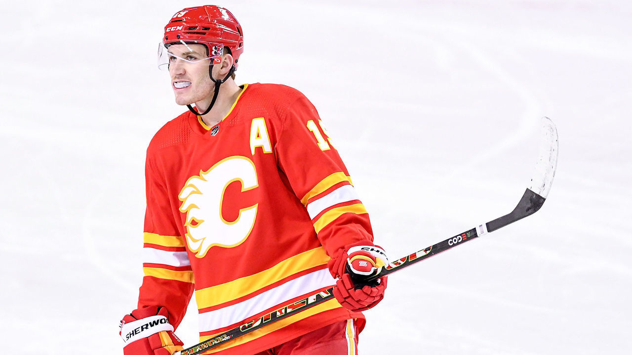 CALGARY, AB - APRIL 26: Calgary Flames Right Wing Matthew Tkachuk (19) looks on during the first period of an NHL game where the Calgary Flames hosted the Montreal Canadiens on April 26, 2021, at the Scotiabank Saddledome in Calgary, AB.