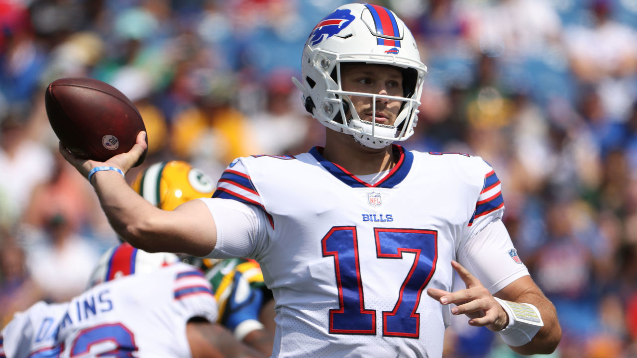 ORCHARD PARK, NY - AUGUST 28: Josh Allen #17 of the Buffalo Bills throws a pass during the first half against the Green Bay Packers at Highmark Stadium on August 28, 2021 in Orchard Park, New York.