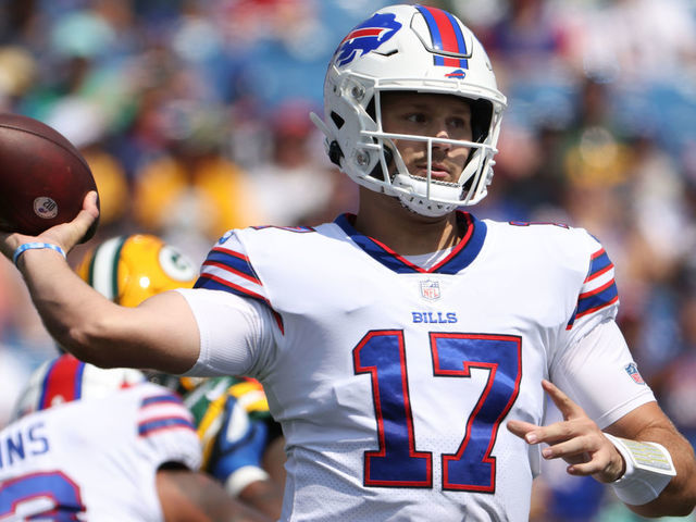 ORCHARD PARK, NY - AUGUST 28: Josh Allen #17 of the Buffalo Bills throws a pass during the first half against the Green Bay Packers at Highmark Stadium on August 28, 2021 in Orchard Park, New York.