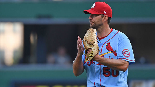PITTSBURGH, PA - AUGUST 28: Adam Wainwright #50 of the St. Louis Cardinals applauds after a defensive play by Nolan Arenado #28 in the first inning during the game against the Pittsburgh Pirates at PNC Park on August 28, 2021 in Pittsburgh, Pennsylvania.