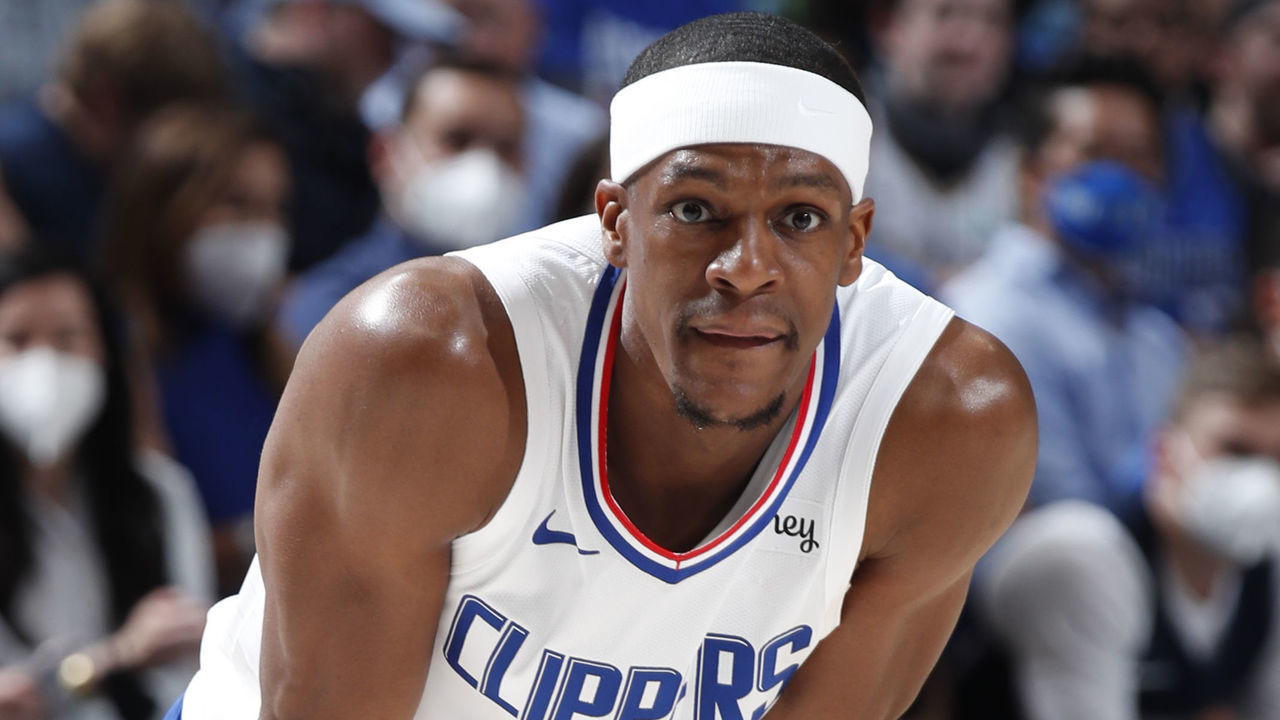 DALLAS, TX - JUNE 4: Rajon Rondo #4 of the LA Clippers looks on during the game against the Dallas Mavericks during Round 1, Game 6 of the 2021 NBA Playoffs on June 4, 2021 at the American Airlines Center in Dallas, Texas. Mandatory Copyright Notice: Copyright 2021 NBAE