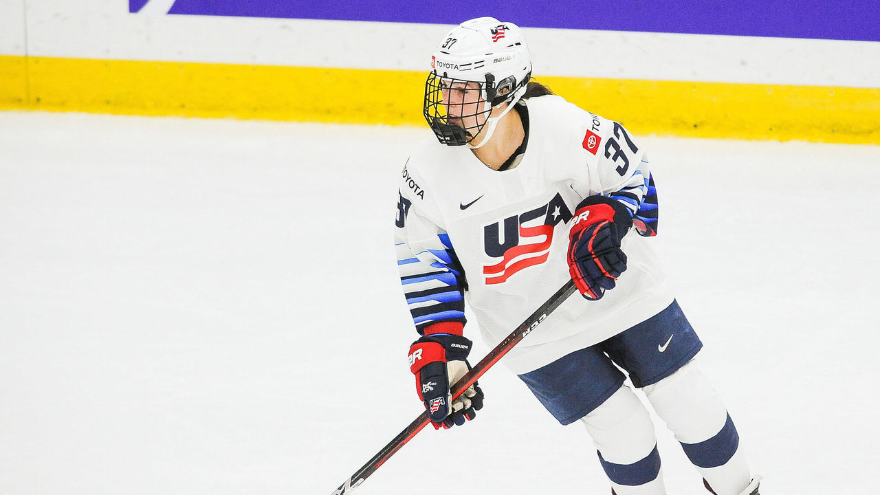 CALGARY, AB - AUGUST 20: Abbey Murphy #37 of United States in action against Switzerland in the 2021 IIHF Women's World Championship Group A match played at WinSport Arena on August 20, 2021 in Calgary, Canada.