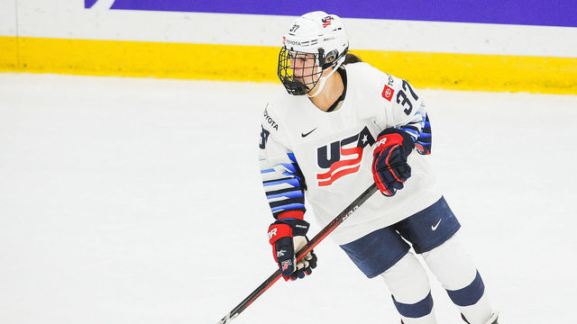 CALGARY, AB - AUGUST 20: Abbey Murphy #37 of United States in action against Switzerland in the 2021 IIHF Women's World Championship Group A match played at WinSport Arena on August 20, 2021 in Calgary, Canada.