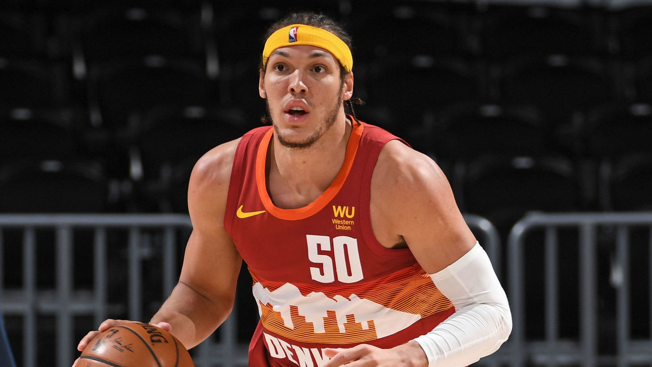 DENVER, CO - MAY 5: Aaron Gordon #50 of the Denver Nuggets dribbles the ball against the New York Knicks on May 5, 2021 at the Ball Arena in Denver, Colorado. NOTE TO USER: User expressly acknowledges and agrees that, by downloading and/or using this Photograph, user is consenting to the terms and conditions of the Getty Images License Agreement. Mandatory Copyright Notice: Copyright 2021 NBAE
