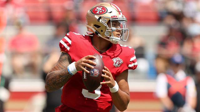 SANTA CLARA, CALIFORNIA - AUGUST 29: Trey Lance #5 of the San Francisco 49ers drops back to pass the ball against the Las Vegas Raiders during their preseason game at Levi's Stadium on August 29, 2021 in Santa Clara, California.