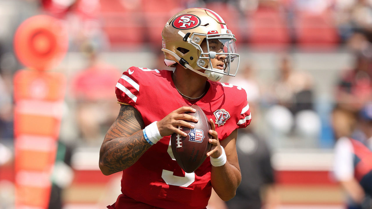 SANTA CLARA, CALIFORNIA - AUGUST 29: Trey Lance #5 of the San Francisco 49ers drops back to pass the ball against the Las Vegas Raiders during their preseason game at Levi's Stadium on August 29, 2021 in Santa Clara, California.