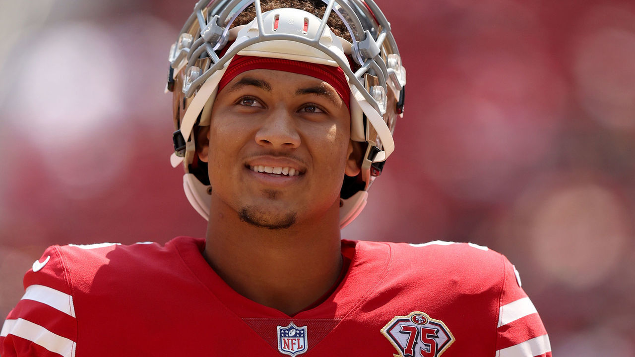 SANTA CLARA, CALIFORNIA - AUGUST 29: Trey Lance #5 of the San Francisco 49ers stands on the sidelines before their preseason game against the Las Vegas Raiders at Levi's Stadium on August 29, 2021 in Santa Clara, California.