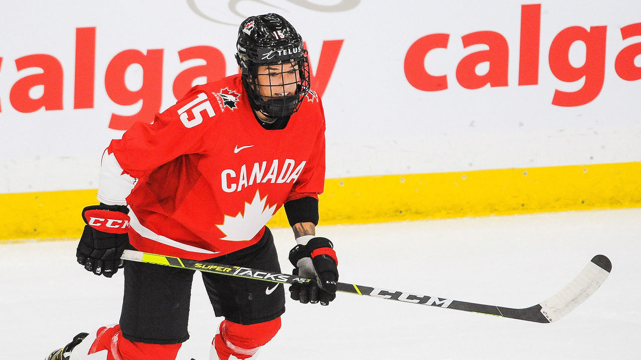 CALGARY, AB - AUGUST 20: Melodie Daoust #15 of Canada in action against Finland in the 2021 IIHF Women's World Championship Group A match played at WinSport Arena on August 20, 2021 in Calgary, Canada.
