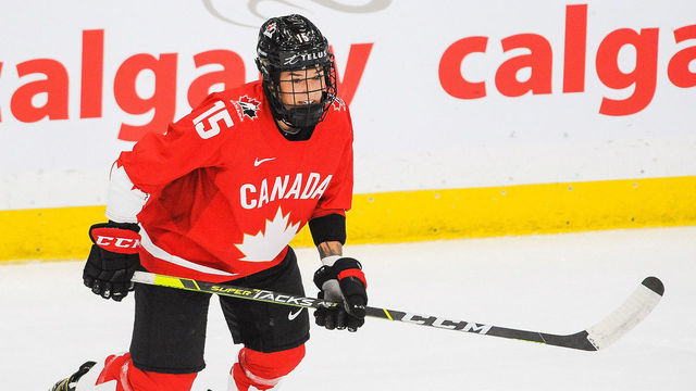 CALGARY, AB - AUGUST 20: Melodie Daoust #15 of Canada in action against Finland in the 2021 IIHF Women's World Championship Group A match played at WinSport Arena on August 20, 2021 in Calgary, Canada.