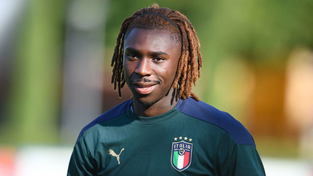 FLORENCE, ITALY - AUGUST 30: Moise Kean of Italy in action during a training session at Centro Tecnico Federale di Coverciano on August 30, 2021 in Florence, Italy.