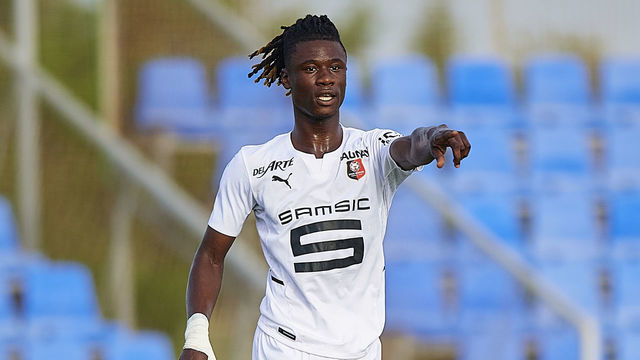 MURCIA, SPAIN - JULY 24: Eduardo Camavinga of Stade Rennais reacts during a Pre-Season friendly match between Levante UD and Stade Rennais at Pinatar Arena on July 24, 2021 in Murcia, Spain.