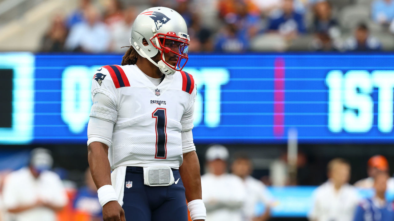 EAST RUTHERFORD, NEW JERSEY - AUGUST 29: Cam Newton #1 of the New England Patriots looks on against the New York Giants at MetLife Stadium on August 29, 2021 in East Rutherford, New Jersey.