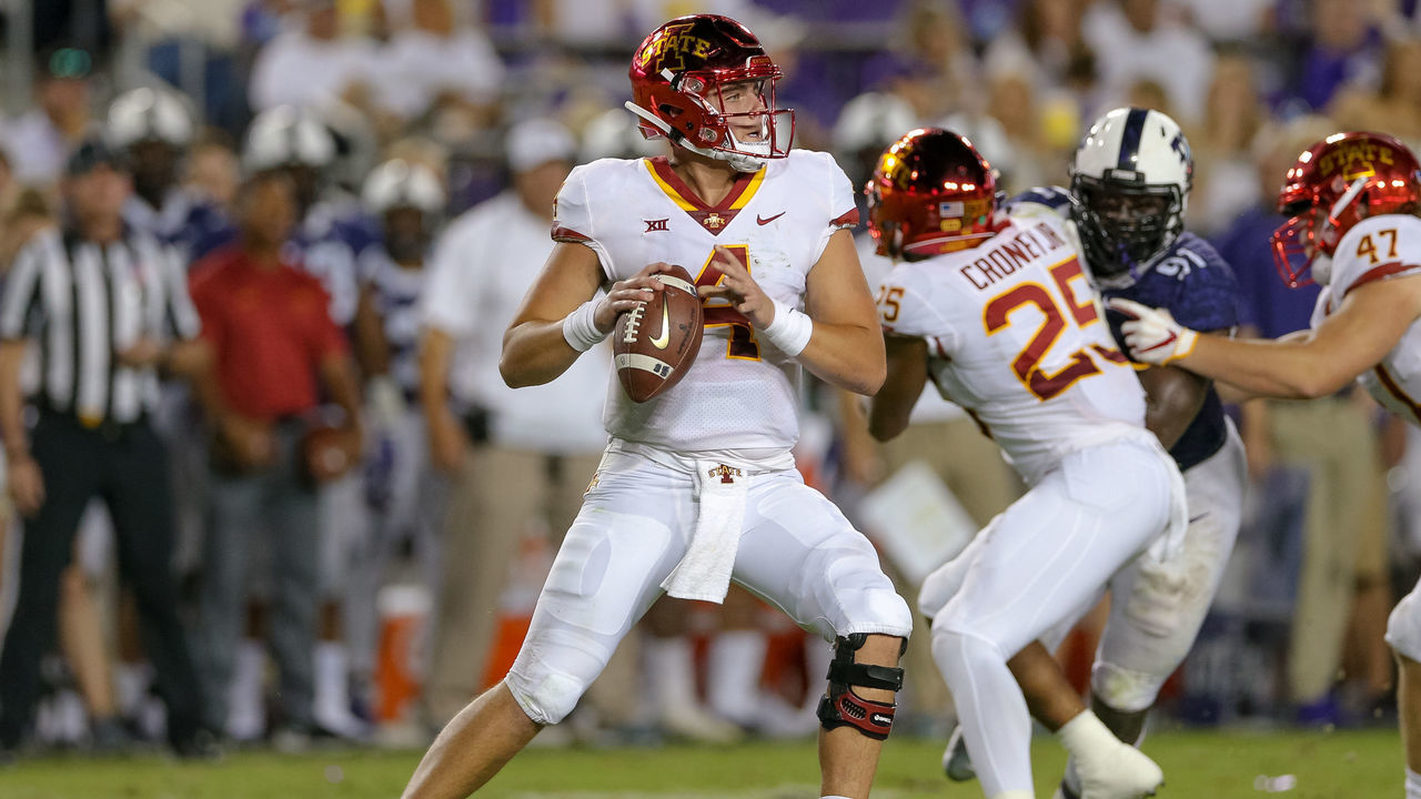 FORT WORTH, TX - SEPTEMBER 29: Iowa State Cyclones quarterback Zeb Noland (4) drops back to pass during the game between the TCU Horned Frogs and Iowa State Cyclones on September 29, 2018 at Amon G. Carter Stadium in Fort Worth, TX.