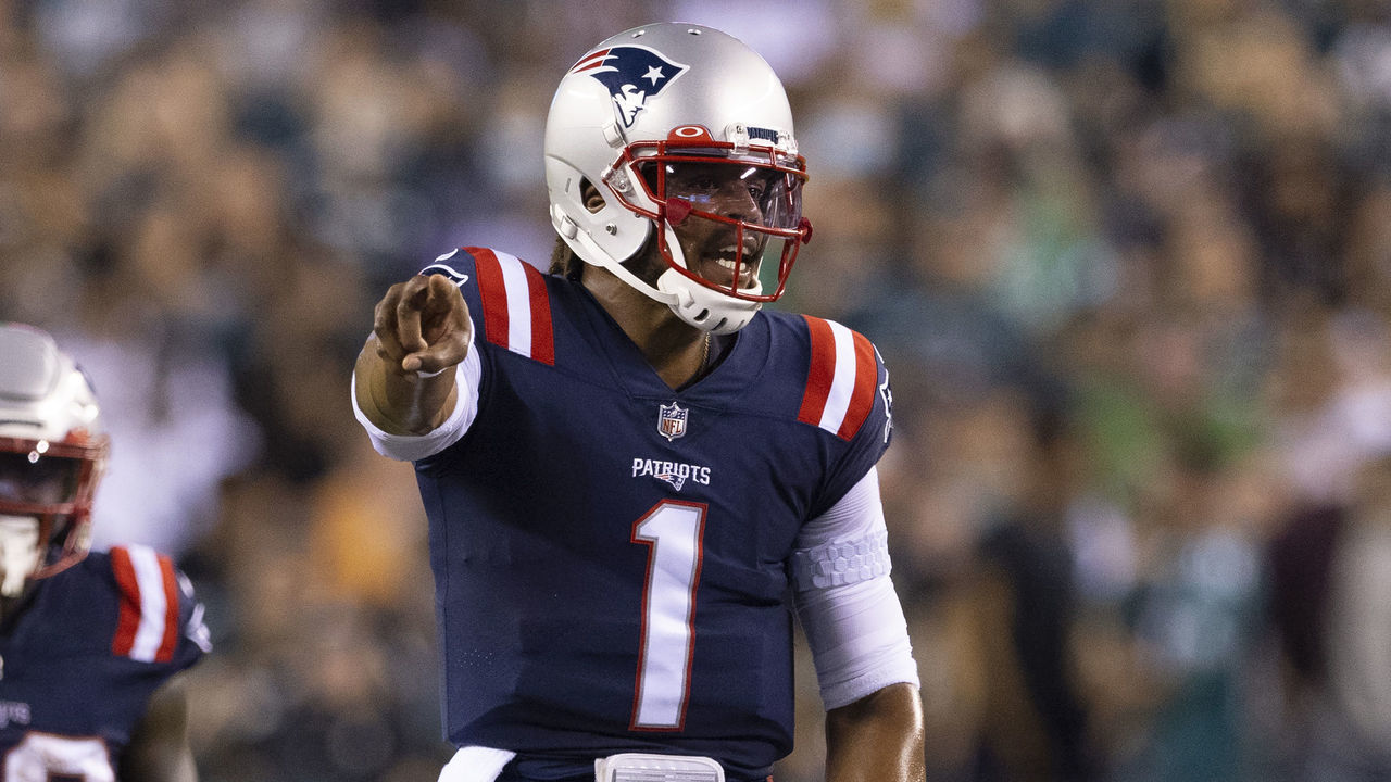 PHILADELPHIA, PA - AUGUST 19: Cam Newton #1 of the New England Patriots points against the Philadelphia Eagles in the preseason game at Lincoln Financial Field on August 19, 2021 in Philadelphia, Pennsylvania. The Patriots defeated the Eagles 35-0.