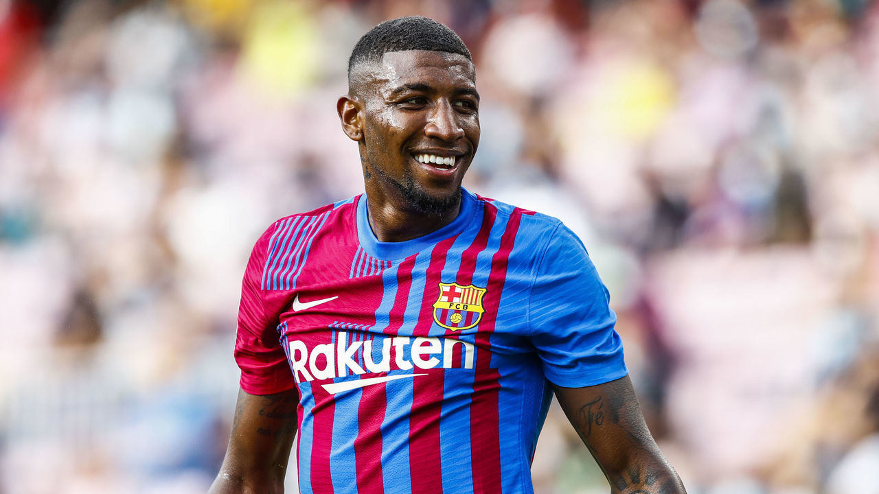 22 Emerson Royal of FC Barcelona smiling. during the La Liga Santader match between FC Barcelona and Getafe CF at Camp Nou Stadium on August 29, 2021 in Barcelona.