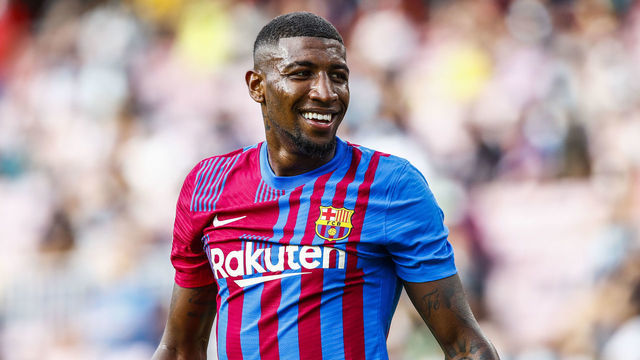 22 Emerson Royal of FC Barcelona smiling. during the La Liga Santader match between FC Barcelona and Getafe CF at Camp Nou Stadium on August 29, 2021 in Barcelona.
