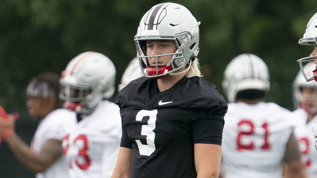 COLUMBUS, OH - AUGUST 18: Ohio State Buckeyes #3 Quinn Ewers during fall camp at the Woody Hayes Athletic Center in Columbus, Ohio on August 18, 2021.