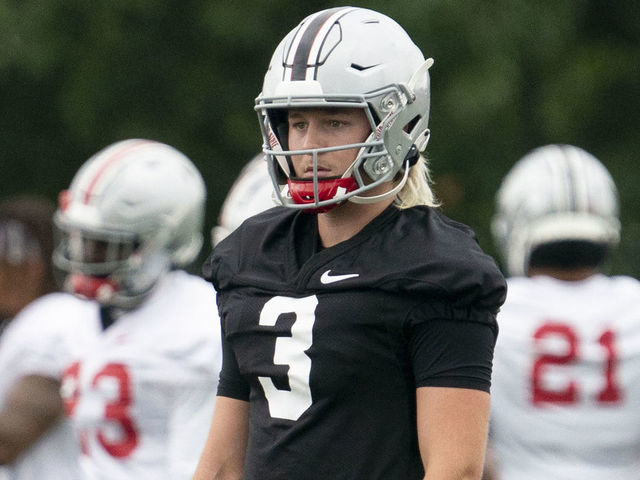 COLUMBUS, OH - AUGUST 18: Ohio State Buckeyes #3 Quinn Ewers during fall camp at the Woody Hayes Athletic Center in Columbus, Ohio on August 18, 2021.