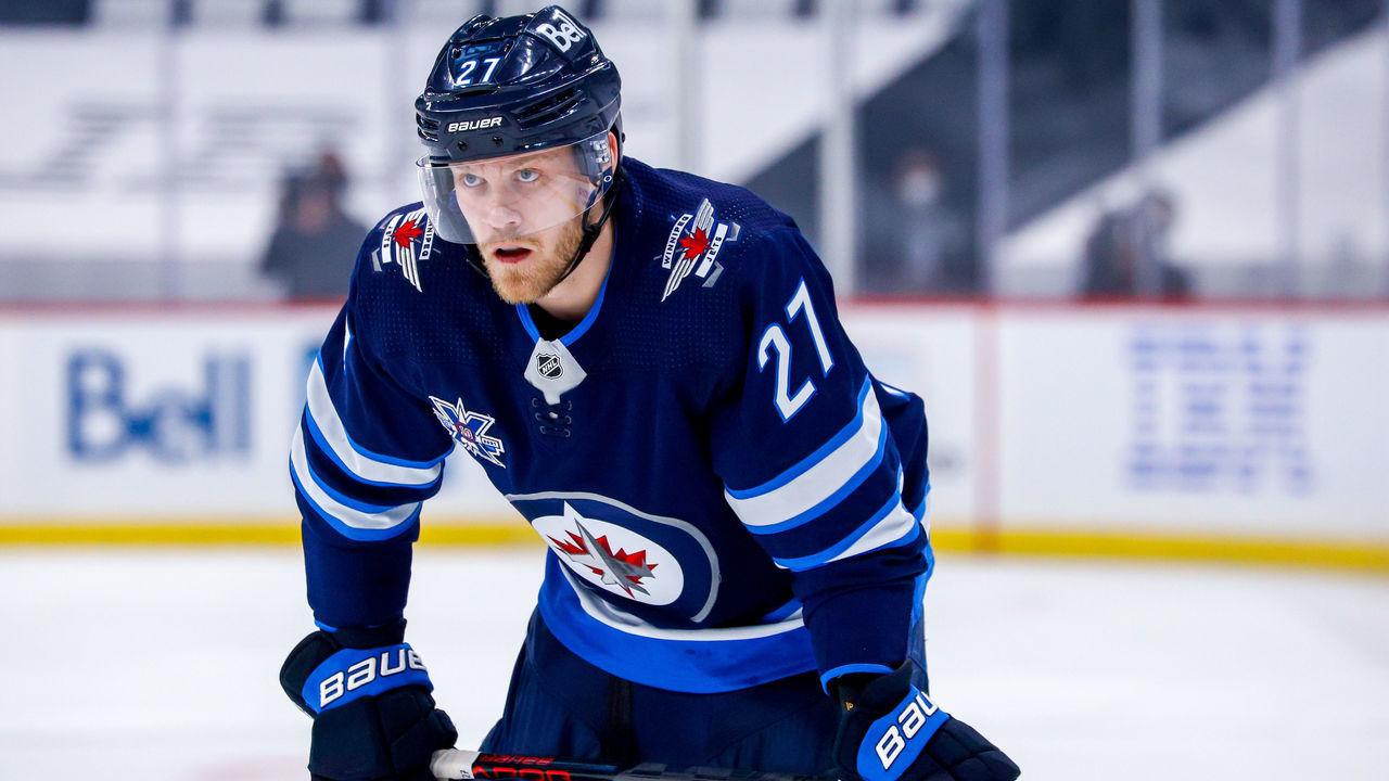 WINNIPEG, MB - JUNE 02: Nikolaj Ehlers #27 of the Winnipeg Jets looks on during a first period stoppage of play against the Montreal Canadiens in Game One of the Second Round of the 2021 Stanley Cup Playoffs at Bell MTS Place on June 02, 2021 in Winnipeg, Manitoba, Canada.