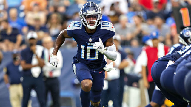 NASHVILLE, TN - AUGUST 28: Dez Fitzpatrick #10 of the Tennessee Titans goes in motion during an NFL preseason game against the Chicago Bears at Nissan Stadium on August 28, 2021 in Nashville, Tennessee.