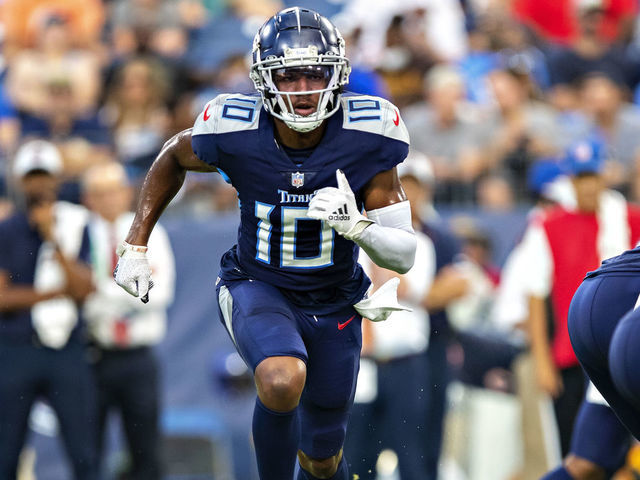NASHVILLE, TN - AUGUST 28: Dez Fitzpatrick #10 of the Tennessee Titans goes in motion during an NFL preseason game against the Chicago Bears at Nissan Stadium on August 28, 2021 in Nashville, Tennessee.