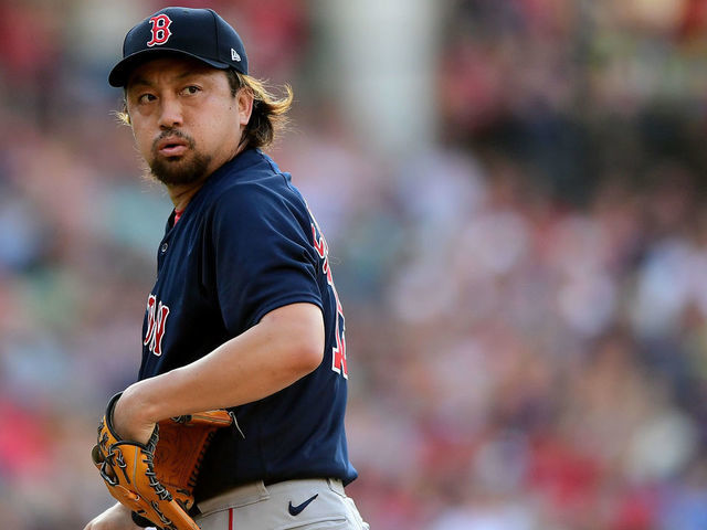 Hirokazu Sawamura of the Boston Red Sox pitches in a baseball game