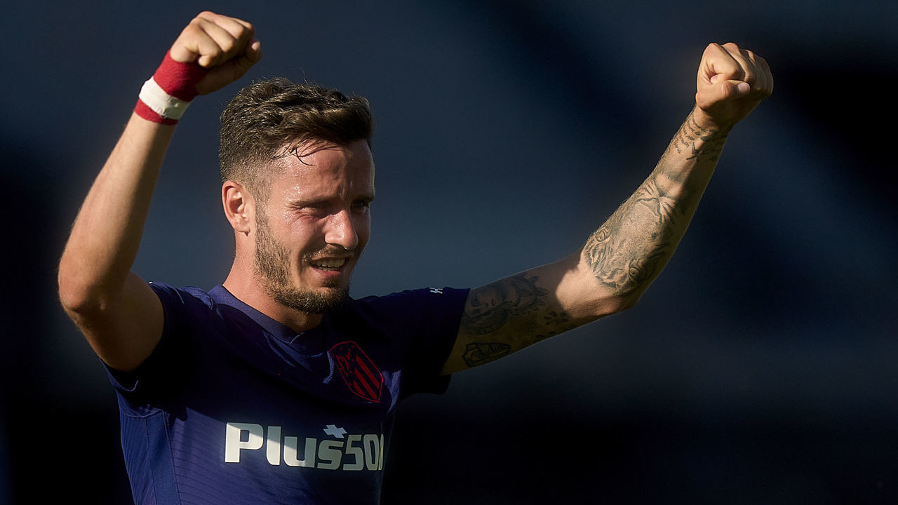 VIGO, SPAIN - AUGUST 15: Saul Niguez of Atletico de Madrid celebrates the victory at the end of the La Liga Santander match between RC Celta de Vigo and Club Atletico de Madrid at Estadio Abanca Balaidos on August 15, 2021 in Vigo, Spain.