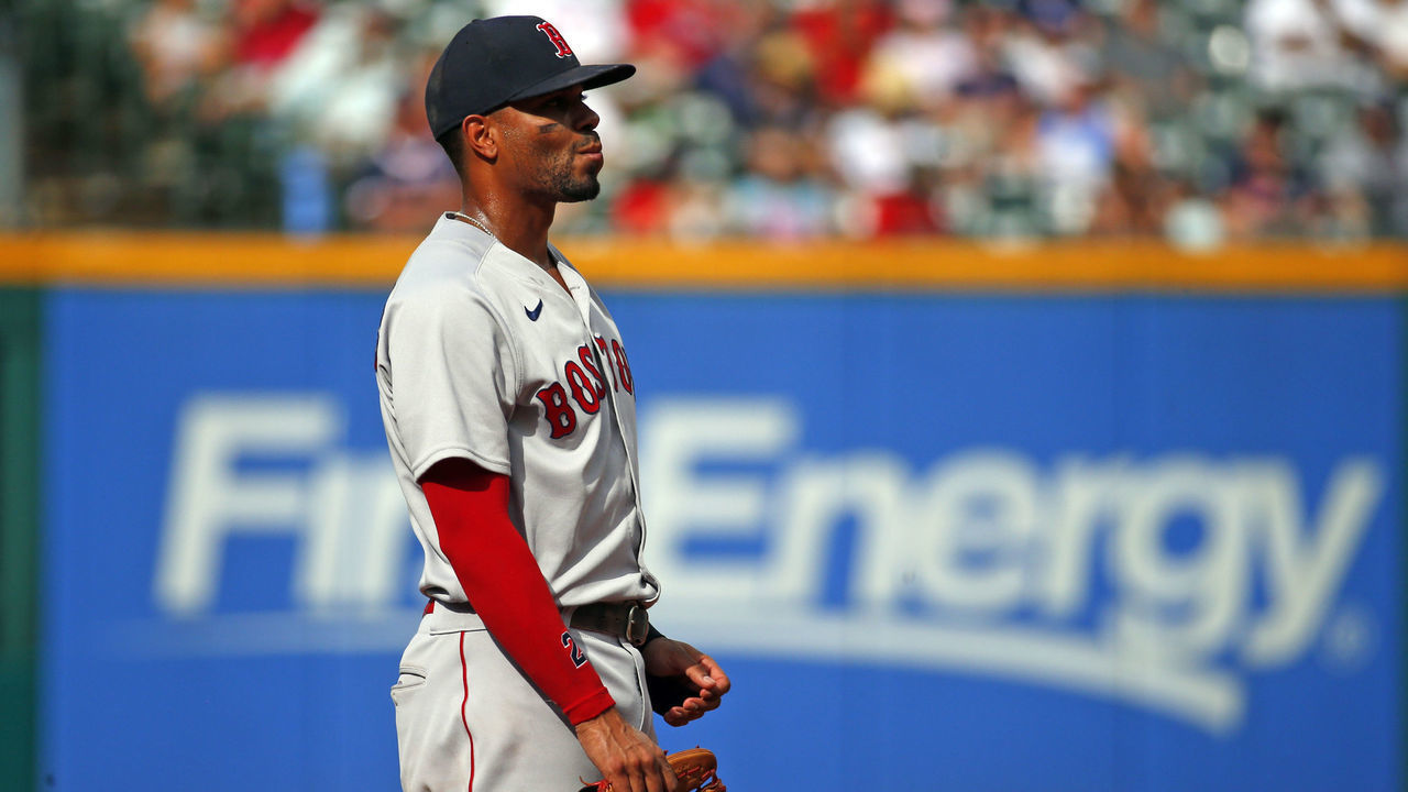 CLEVELAND, OH - AUGUST 29: Xander Bogaerts #2 of the Boston Red Sox in action against the Cleveland Indians during the game at Progressive Field on August 29, 2021 in Cleveland, Ohio.