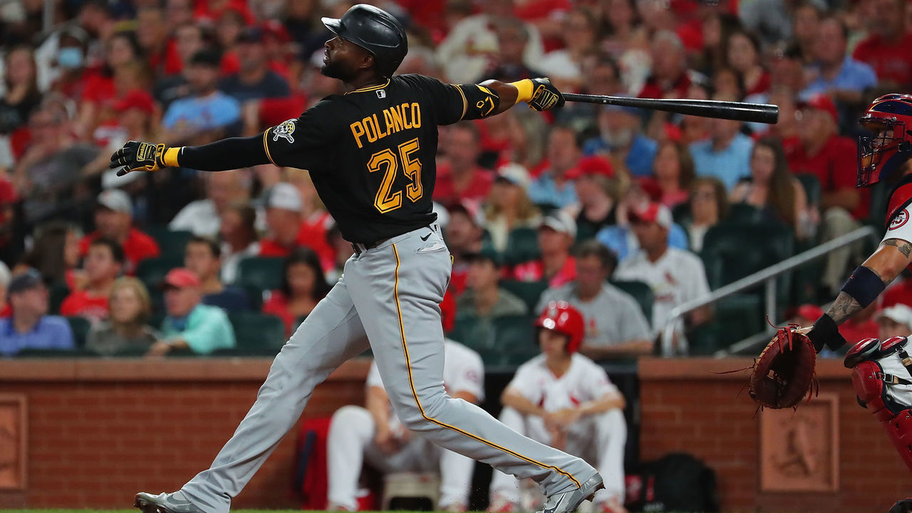 ST LOUIS, MO - AUGUST 20: Gregory Polanco #25 of the Pittsburgh Pirates bats in a run with a sacrifice fly ball against the St. Louis Cardinals in the sixth inning at Busch Stadium on August 20, 2021 in St Louis, Missouri.