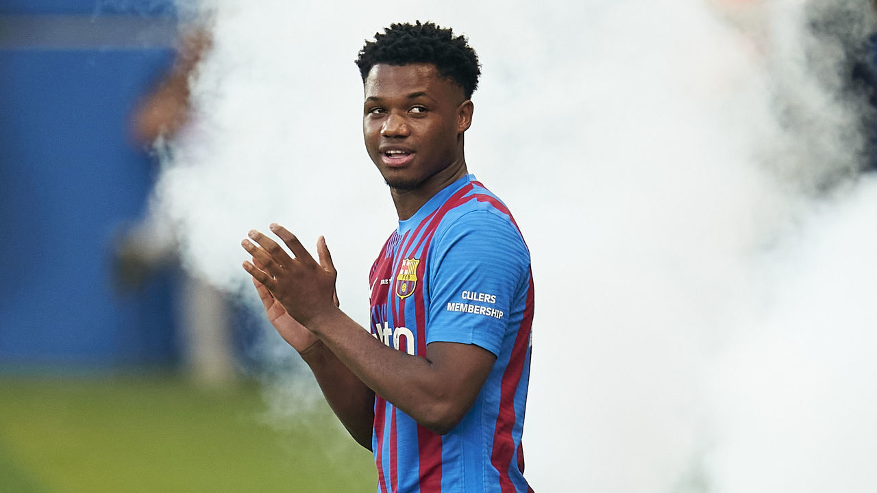 BARCELONA, SPAIN - AUGUST 08: Ansu Fati of FC Barcelona waves the fans prior to the Joan Gamper Trophy match between FC Barcelona and Juventus at Estadi Johan Cruyff on August 08, 2021 in Barcelona, Spain.
