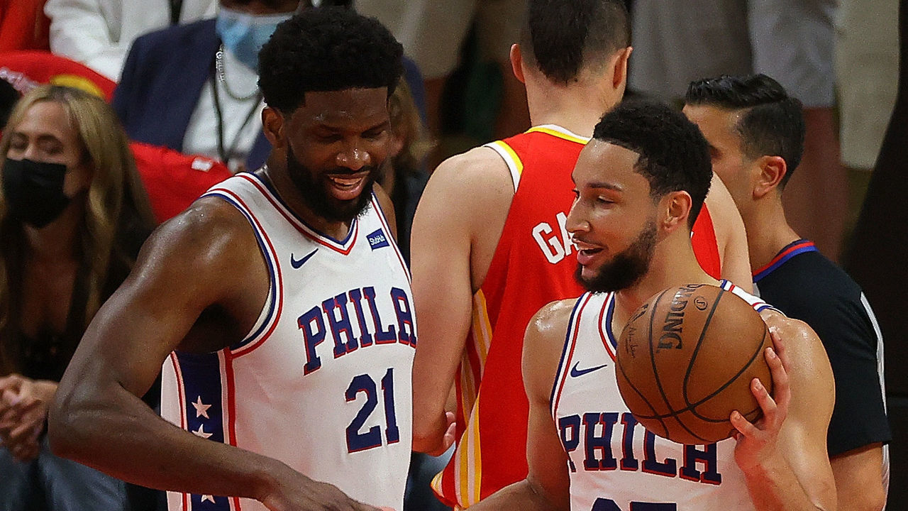 ATLANTA, GEORGIA - JUNE 11: Ben Simmons #25 and Joel Embiid #21 of the Philadelphia 76ers react during the second half of game 3 of the Eastern Conference Semifinals at State Farm Arena on June 11, 2021 in Atlanta, Georgia.
