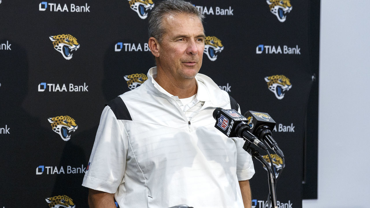 JACKSONVILLE, FL - AUGUST 14: Head coach Urban Meyer of the Jacksonville Jaguars addresses the media during a press conference following a preseason game against the Cleveland Browns at TIAA Bank Field on August 14, 2021 in Jacksonville, Florida. The Browns defeated the Jaguars 23-13.