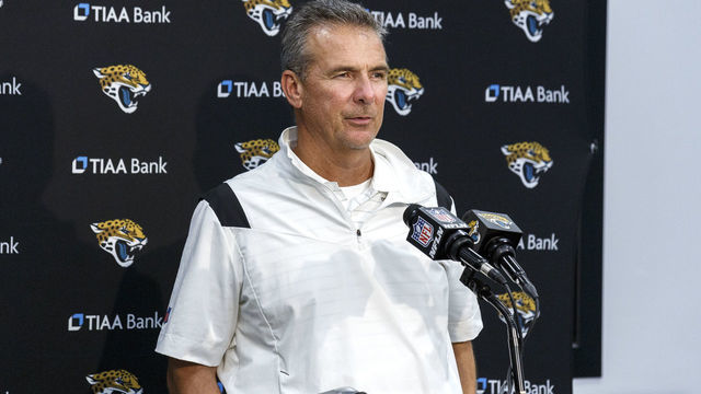JACKSONVILLE, FL - AUGUST 14: Head coach Urban Meyer of the Jacksonville Jaguars addresses the media during a press conference following a preseason game against the Cleveland Browns at TIAA Bank Field on August 14, 2021 in Jacksonville, Florida. The Browns defeated the Jaguars 23-13.