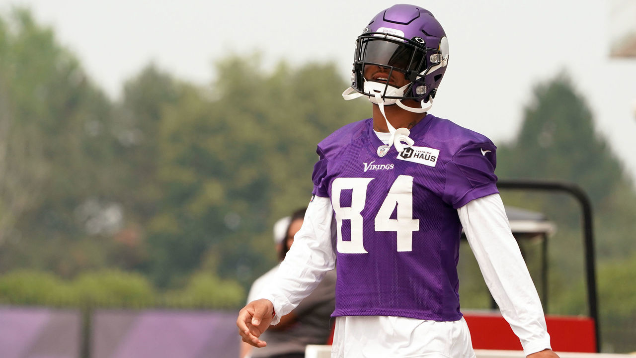 EAGAN, MN - JULY 29: Minnesota Vikings tight end Irv Smith Jr. (84) takes the field during training camp at Twin Cities Orthopedics Performance Center in Eagan, MN on July 29, 2021.