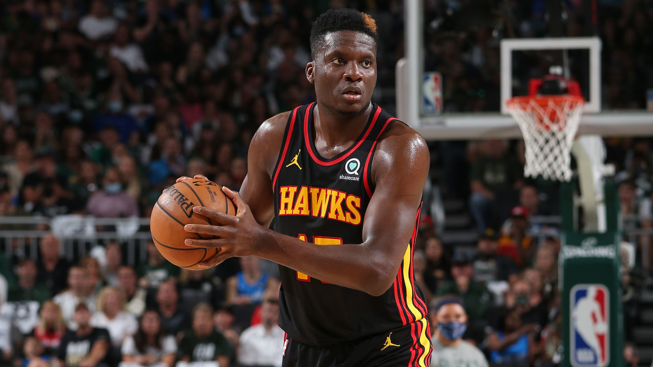 MILWAUKEE, WI - JUNE 25: Clint Capela #15 of the Atlanta Hawks handles the ball against the Milwaukee Bucks during Game 2 of the Eastern Conference Finals of the 2021 NBA Playoffs on June 25, 2021 at the Fiserv Forum Center in Milwaukee, Wisconsin. Mandatory Copyright Notice: Copyright 2021 NBAE .