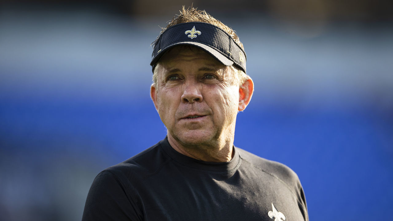 BALTIMORE, MD - AUGUST 14: Head coach Sean Payton of the New Orleans Saints looks on before a preseason game against the Baltimore Ravens at M&T Bank Stadium on August 14, 2021 in Baltimore, Maryland.