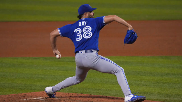 MIAMI, FLORIDA - JUNE 23: Robbie Ray #38 of the Toronto Blue Jays delivers a pitch against the Miami Marlins at loanDepot park on June 23, 2021 in Miami, Florida.