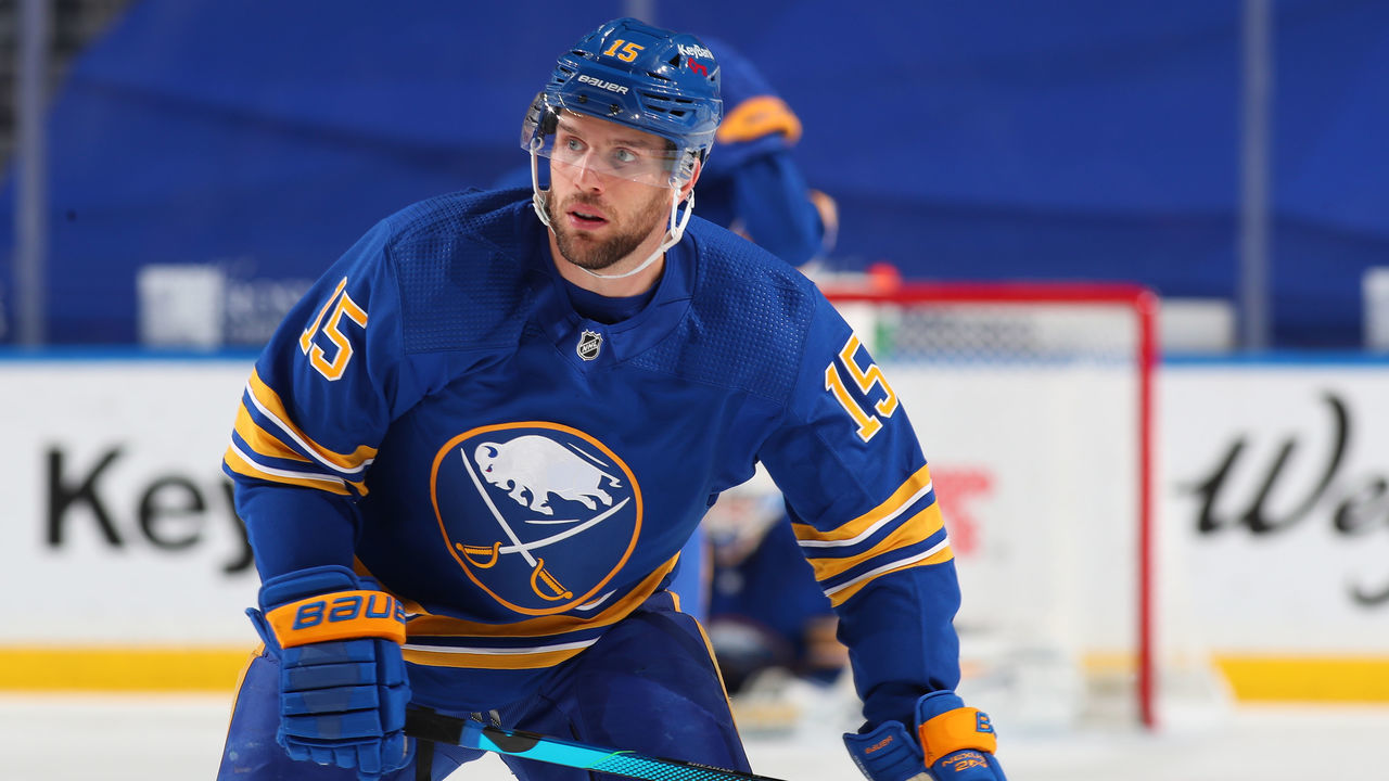 BUFFALO, NY - APRIL 20: Riley Sheahan #15 of the Buffalo Sabres skates against the Boston Bruins during an NHL game on April 20, 2021 at KeyBank Center in Buffalo, New York.