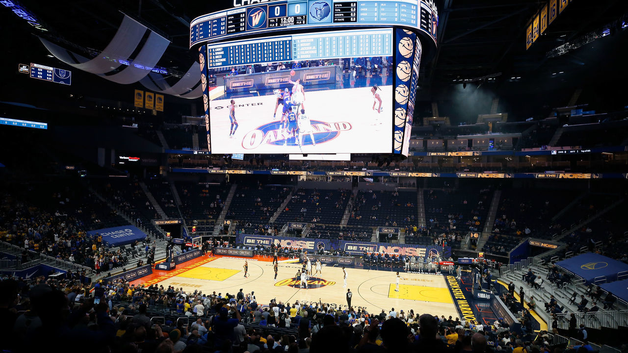 SAN FRANCISCO, CALIFORNIA - MAY 21: A general view of tip off in the NBA Play-In Tournament game between the Golden State Warriors and the Memphis Grizzlies at Chase Center on May 21, 2021 in San Francisco, California.