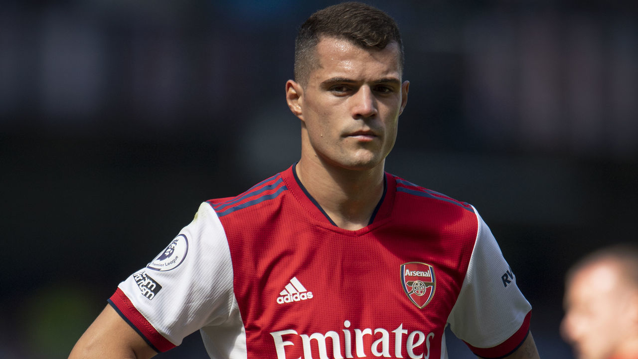 MANCHESTER, ENGLAND - AUGUST 28: Granit Xhaka of Arsenal during the Premier League match between Manchester City and Arsenal at Etihad Stadium on August 28, 2021 in Manchester, England.
