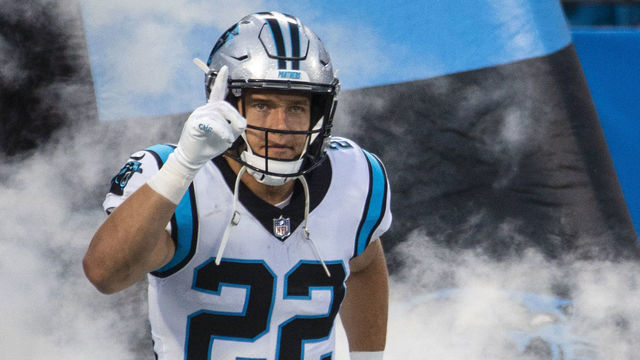 CHARLOTTE, NC - AUGUST 27: Christian McCaffrey #22 of the Carolina Panthers runs onto the field before taking on the Pittsburgh Steelers during an NFL preseason game at Bank of America Stadium on August 27, 2021 in Charlotte, North Carolina.