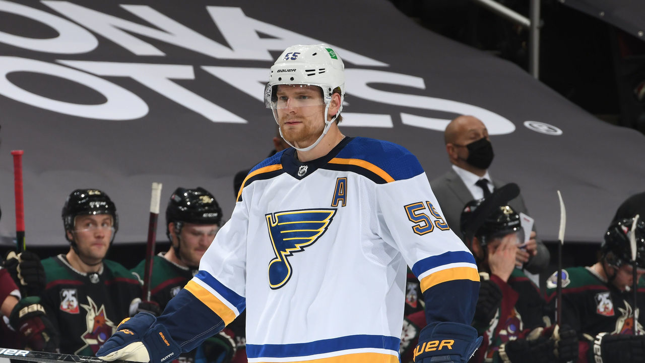 GLENDALE, ARIZONA - FEBRUARY 12: Colton Parayko #55 of the St Louis Blues gets ready during a face off against the Arizona Coyotes at Gila River Arena on February 12, 2021 in Glendale, Arizona. Parayko was playing in his 400th career NHL game.