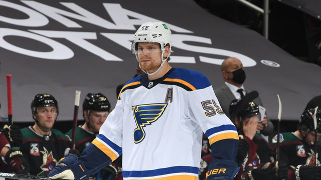 GLENDALE, ARIZONA - FEBRUARY 12: Colton Parayko #55 of the St Louis Blues gets ready during a face off against the Arizona Coyotes at Gila River Arena on February 12, 2021 in Glendale, Arizona. Parayko was playing in his 400th career NHL game.