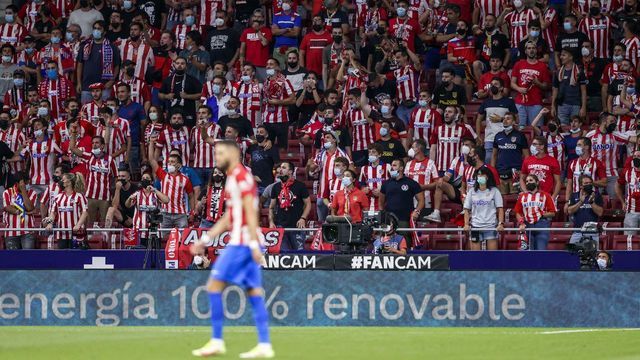 MADRID, SPAIN - AUGUST 29: Supporters of Atletico Madrid during the La Liga Santander match between Atletico Madrid v Villarreal at the Estadio Wanda Metropolitano on August 29, 2021 in Madrid Spain