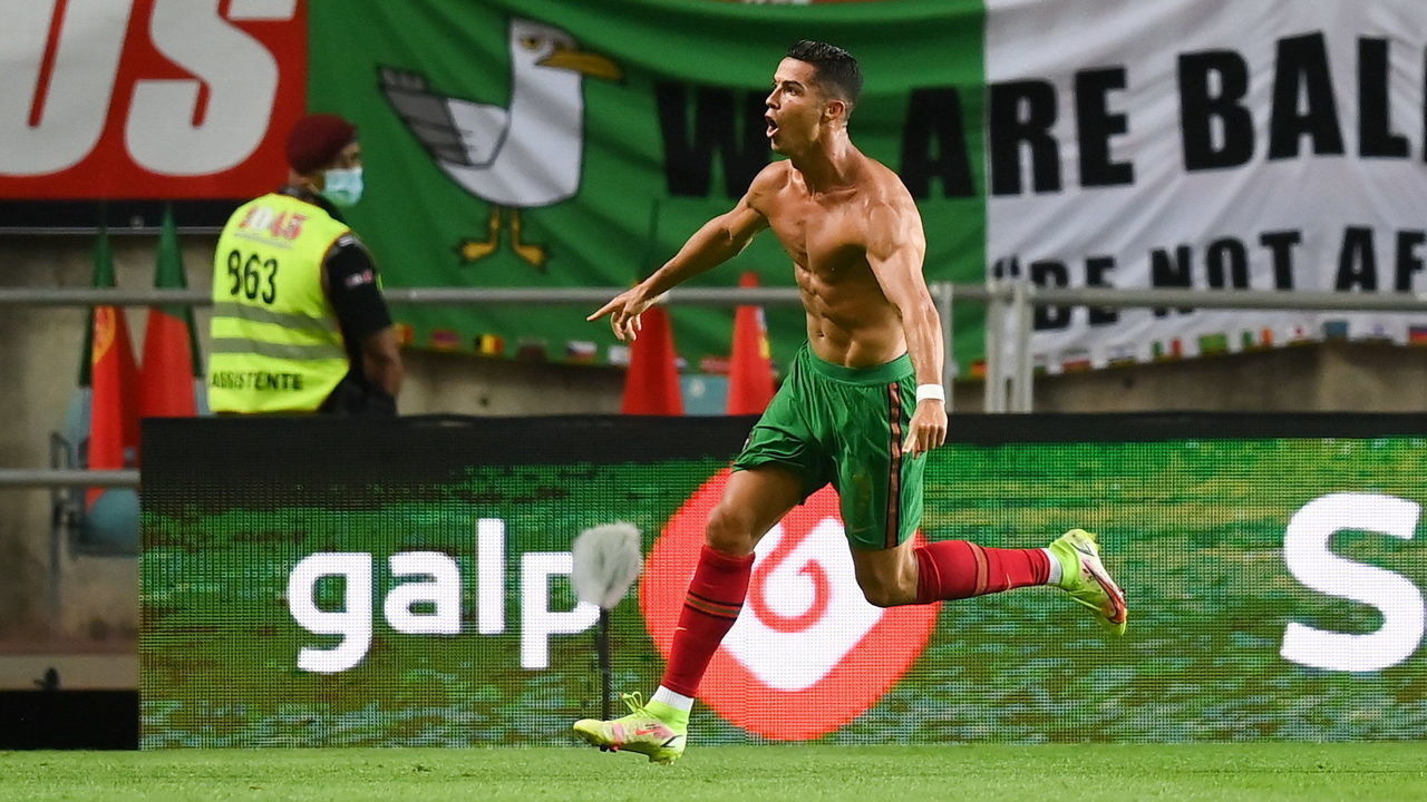 Faro , Portugal - 1 September 2021; Cristiano Ronaldo of Portugal celebrates after scoring his side's second goal during the FIFA World Cup 2022 qualifying group A match between Portugal and Republic of Ireland at Estádio Algarve in Faro, Portugal.