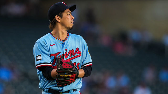 MINNEAPOLIS, MN - AUGUST 14: Kenta Maeda #18 of the Minnesota Twins looks on against the Tampa Bay Rays on August 14, 2021 at Target Field in Minneapolis, Minnesota.