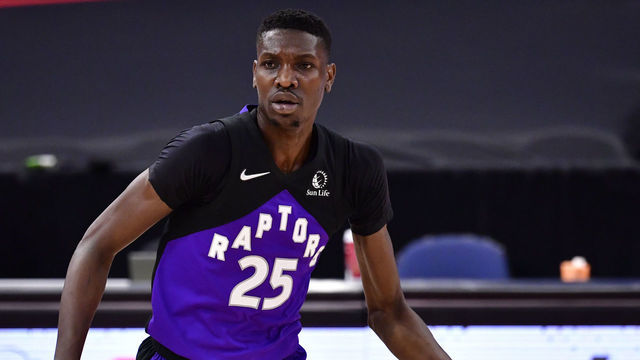 TAMPA, FLORIDA - APRIL 21: Chris Boucher #25 of the Toronto Raptors looks on during the second quarter against the Brooklyn Nets at Amalie Arena on April 21, 2021 in Tampa, Florida.
